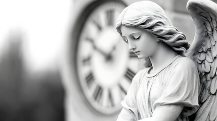 An beautiful angel statue in perfect and contrasting light, in the background a life clock with Roman numbers is depicted. Generative AI illustration 
