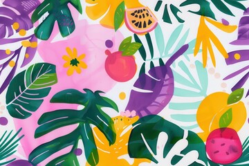 Abstract Tropical Illustration with Pink, Yellow, Green, and Purple