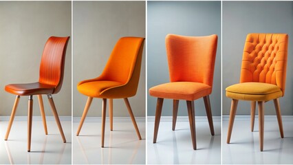 Obraz premium A Collage of Four Orange Chairs A Modern Take on Classic Design with Wooden Legs and Different Upholstery - Orange Chair, Modern Furniture, Dining Chair, Interior Design