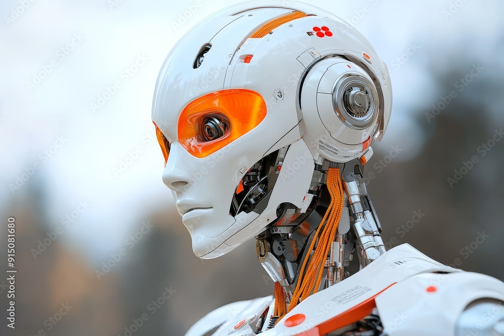 Poster futuristic white robot walking in urban environment illustrating integration of robotics in daily li