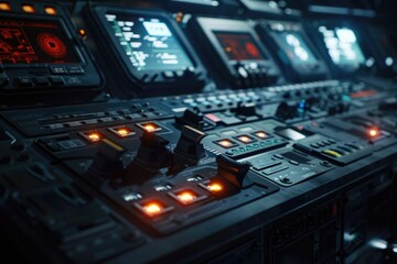 Control panel of a futuristic space ship with various lights and displays