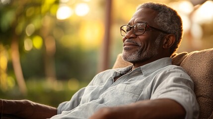 Obraz premium A black elder sitting in a cozy chair with a thoughtful gaze reflecting on a lifetime of memories and knowledge Stock Photo with copy space