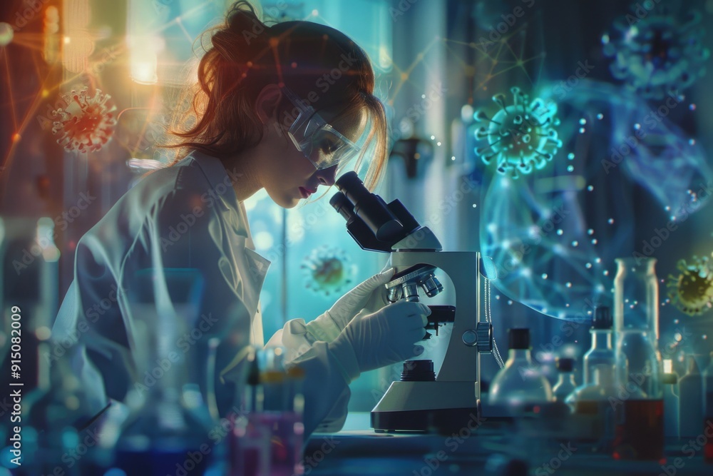Poster scientist studying microscopic sample with magnifying lens