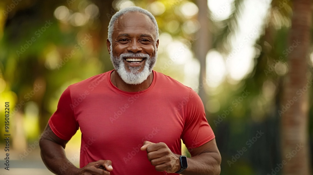 Poster an elderly black man jogging in a park with a joyful expression showcasing an active and healthy lif