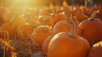 A sunlit pumpkin patch radiates warmth, with bright orange pumpkins scattered across the field.