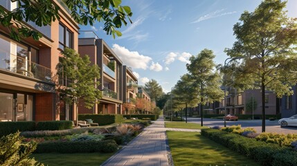 A serene modern residential community with contemporary buildings, well-manicured gardens, spacious sidewalks, and a clear sky, embodying tranquility and urban living.