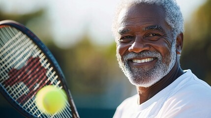 An elderly black man playing tennis with a broad smile reflecting the joy of staying active and engaged in sports Stock Photo with copy space