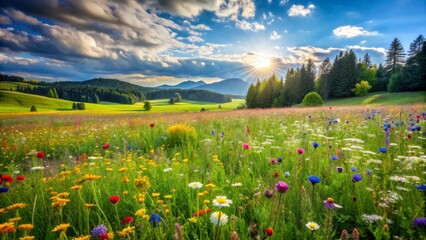 Fototapeta premium Alpine Meadow Bloom A Low Angle View of a Vibrant Wildflower Field with a Sunlit Sky and Distant Mountains - Nature, Landscape, Wildflowers, Spring, Summer, Sun, Meadow