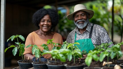 An elderly black couple gardening together with cheerful expressions showing the benefits of staying active and connected to nature Stock Photo with copy space