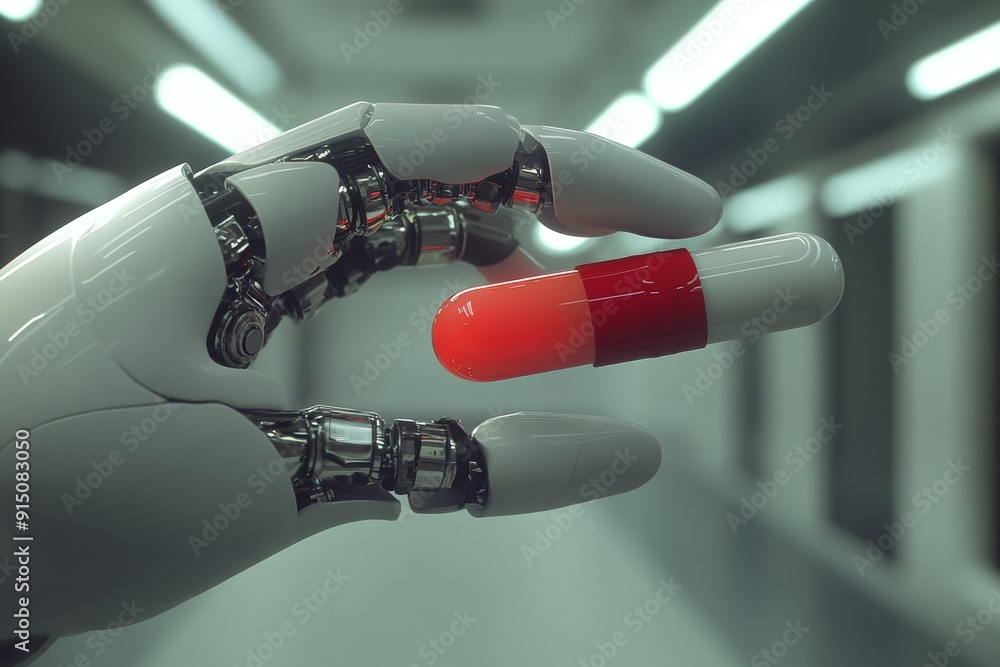 Poster robotic hand selecting specific medication emphasizing precision and personalized healthcare