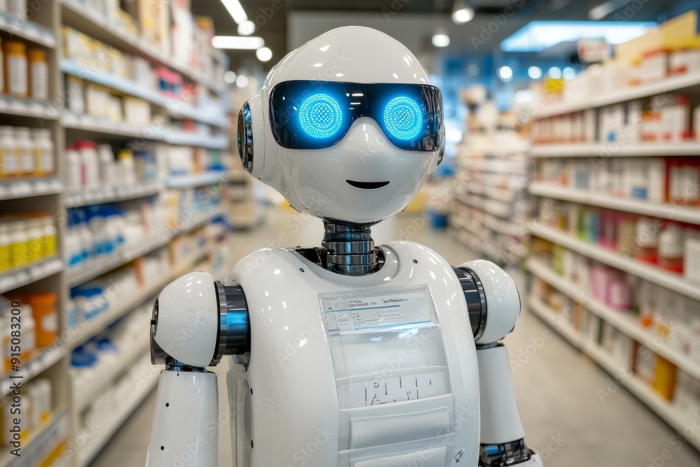 Poster futuristic robot in library searching for medical information merging ai with knowledge acquisition