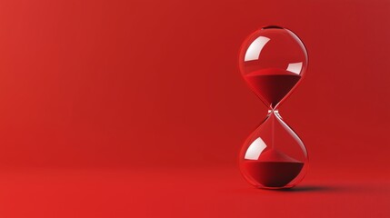 A clear red hourglass filled with red sand resting on a vibrant red background