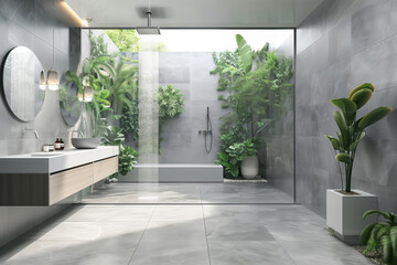 Discover a stylish bathroom featuring greenery, glass partitions, and modern fixtures for a serene atmosphere promoting relaxation and wellness