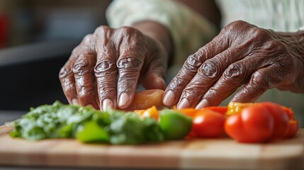Aged black hands chopping vegetables on a cutting board displaying the dexterity and skill developed over years of preparing meals Stock Photo with copy space