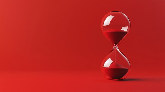 A clear red hourglass filled with red sand resting on a vibrant red background