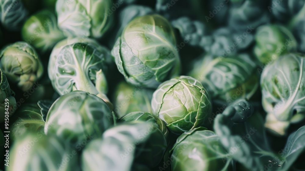 Poster A close-up of fresh, green Brussels sprouts, showcasing their detailed leaf structure and color.