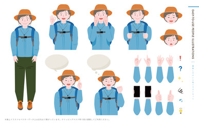 アウトドアやハイキング・登山・キャンプをイメージしたシニア高齢女性人物アイコンイラスト_笑顔・複数ポーズ