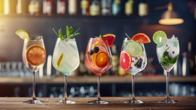 A row of five elegant cocktails garnished with fresh citrus, berries, and herbs, displayed on a wooden bar top with a warm, inviting background.