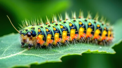 Fototapeta premium Colorful Caterpillar on a Green Leaf