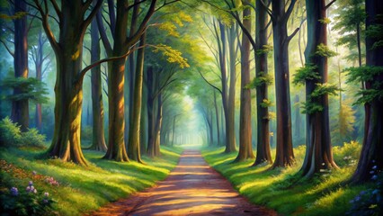 Enchanted Forest Path Oil Painting of a Sunlit Woodland Trail with Lush Greenery and Vibrant Colors - Nature, Forest, Trees, Sunlight, Path, Painting