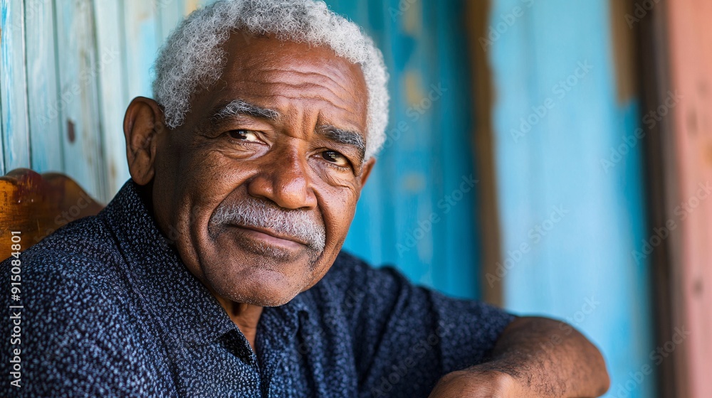 Poster a dignified elderly black man with deep wrinkles and a serene expression symbolizing a life full of 