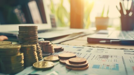 Stacks of coins and financial documents on an office desk, bathed in warm light, symbolizing savings and financial planning.