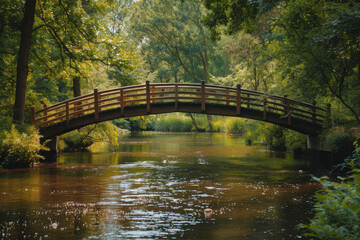 horizontal image of a small wooden bridge crossing a river in a forest