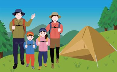 秋冬の山のキャンプ場の家族でアウトドアをする姿・親子でテント設営と登山を楽しむイメージイラスト
