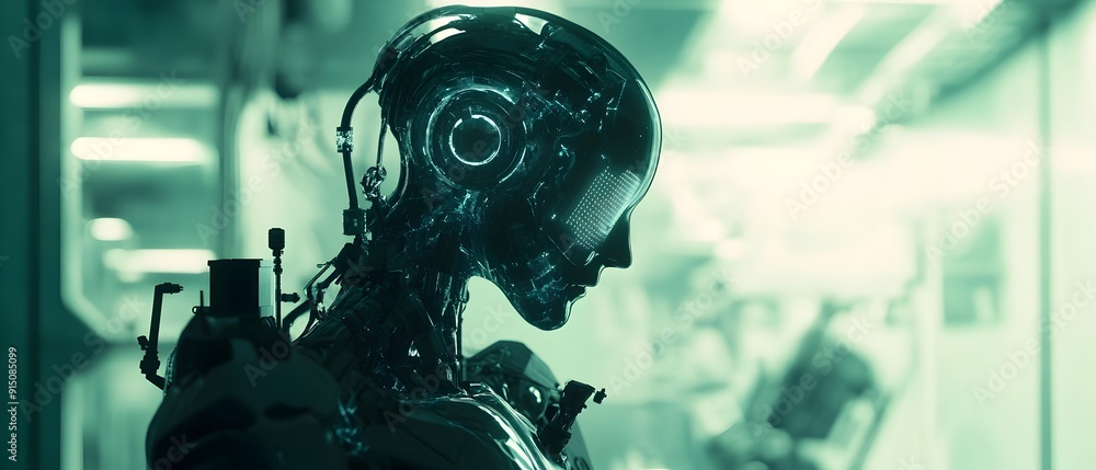 Poster portrait of a genetically engineered cyborg with an intricate glowing nanotech interface showcasing 