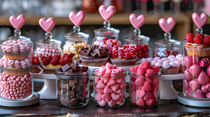 A sweet Valentine's Day candy buffet table with jars of heart-shaped candies, chocolates, and cupcakes, all in pink and red.