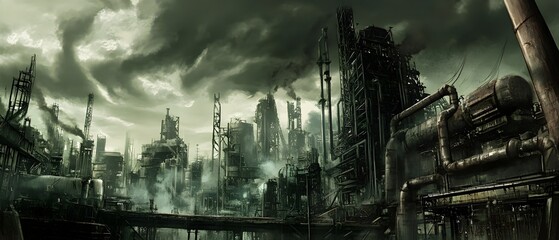 Dystopian dieselpunk cityscape featuring a grim weathered metropolis with towering skyscrapers vast industrial complexes and an ominous moody atmosphere  Heavy machinery pipes