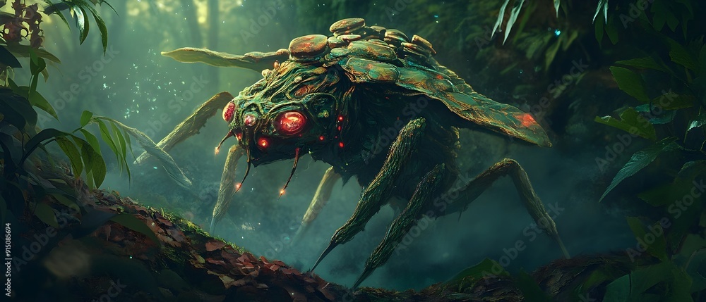 Fototapete sentient biopunk plant creature with intricate organic mechanisms biomimetic textures and glowing bi