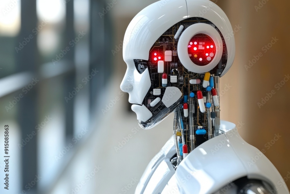 Poster insightful portrait of a robot with red eyes pondering artificial intelligence