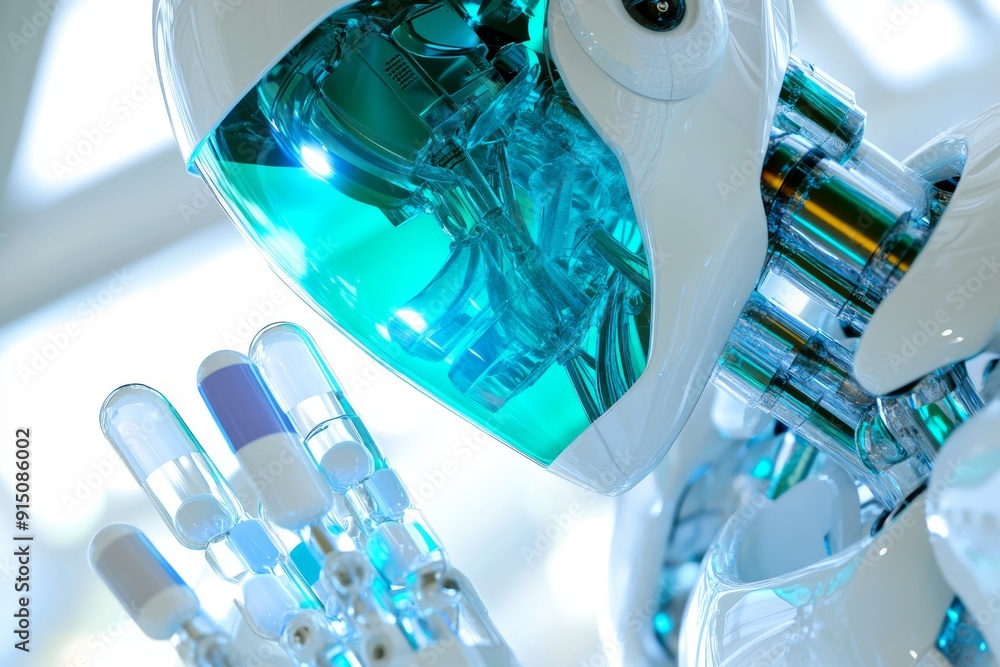 Poster blue crystal energy core within a robot symbolizing the power source of future technologies