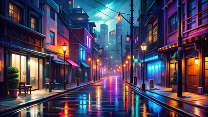 Neon Reflections in a Rainy Night Alley Digital Painting of a Wet Street with Neon Lights and Storefronts, Cityscape, Urban, Nighttime, Street Art, Digital Illustration