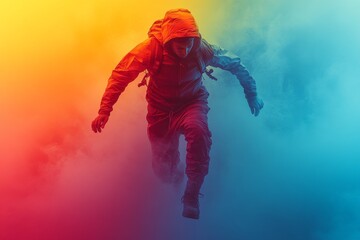 Parkour Athlete Leaping with Colored Lights