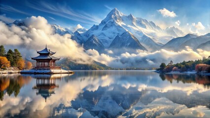 Obraz premium Peaceful Reflection of Pagoda and Snowy Mountains in China - Landscape Photography, Scenic View, Nature, Travel Destination, Asian Architecture