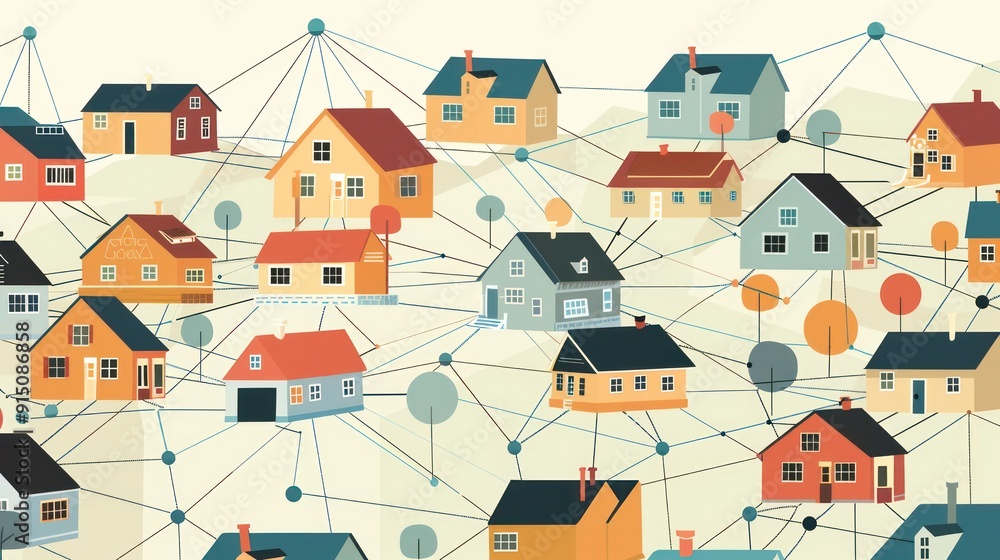 Poster a drawing of a neighborhood with houses connected by a network
