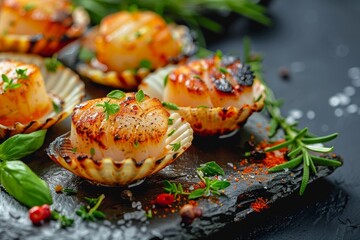 Fried Scallops, Grilled Shellfish, Healthy Gourmet Seafood, Cooked Scallop on Dark Background