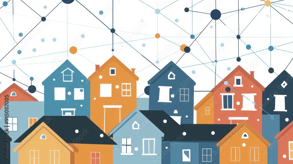 Poster a drawing of a neighborhood with houses of different colors and sizes