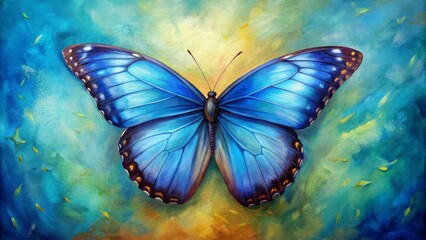 Obraz premium Serene Flight Oil Painting of a Blue Morpho Butterfly Against a Watercolor Background