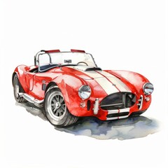 Watercolor painting of a retro sports car, on isolated white background