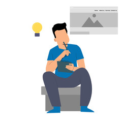 Man draws a picture on a white background. Flat vector illustration.
