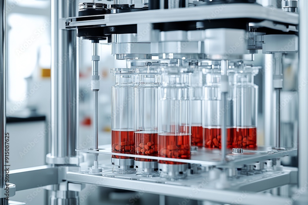 Poster automated testing equipment in a lab processing multiple blood samples for analysis