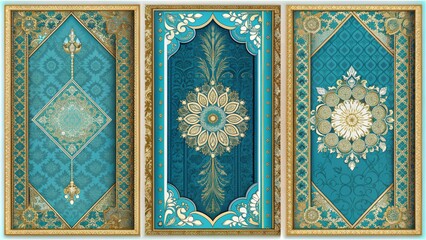 The Opulence of Blue A Triptych of Intricate Golden Floral Motifs Islamic Art, Decorative, Floral Pattern, Intricate Design, Gold Ornament, Arabesque, Teal Background
