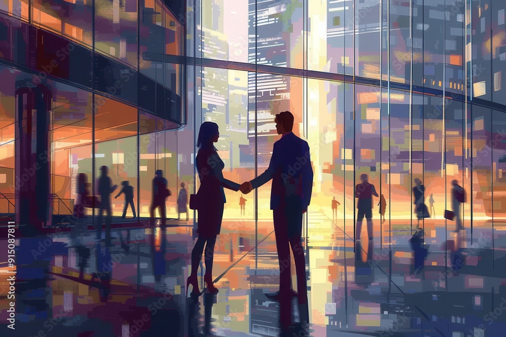 Aufkleber two business people shake hands in front of a sleek office building, illuminated by the warm glow of