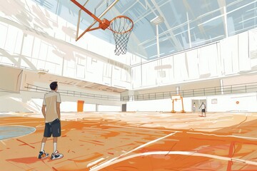 Fototapeta premium A man is standing in a basketball court with a basketball in his hand