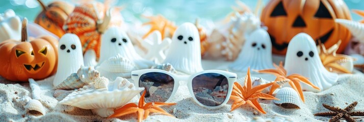 Obraz premium A beach setting with Halloween sunglasses lying on a towel, surrounded by spooky seashells and ghost - shaped sandcastles