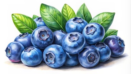 Watercolor Illustration of a Cluster of Blueberries with Green Leaves - Fresh, Juicy, Summer Fruit, Food Photography, Blueberries, Watercolor, Still Life