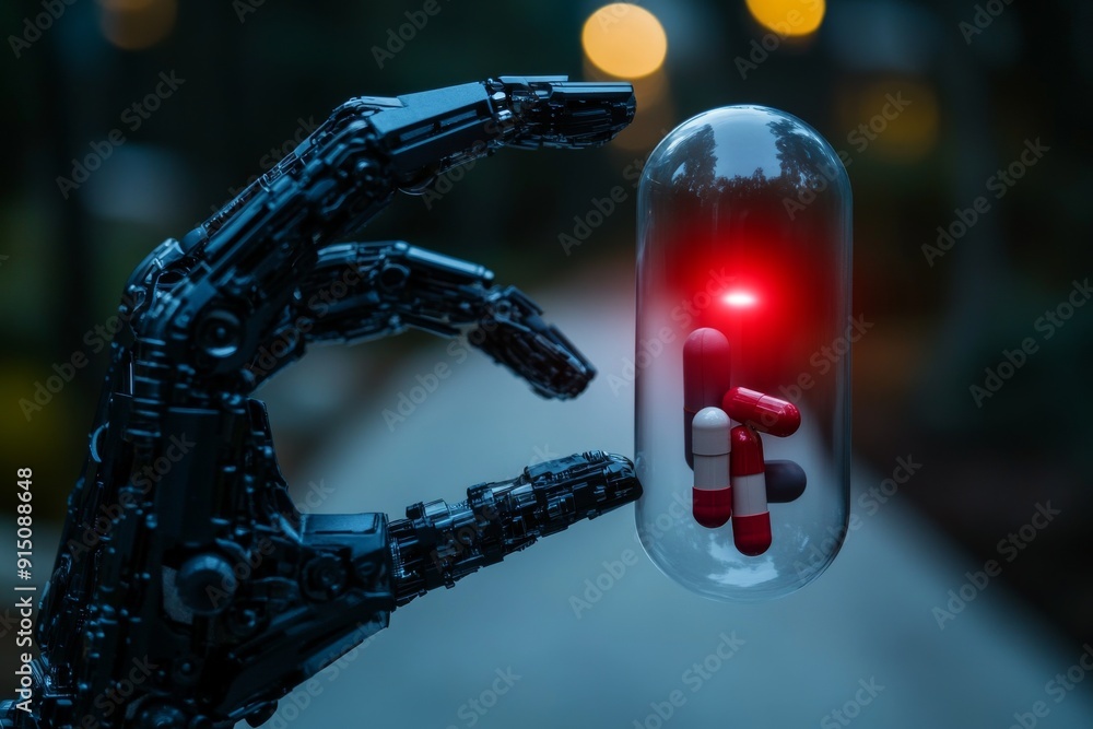 Poster black robotic arm dropping a red pill emphasizing precision and control in pharmaceutical handling